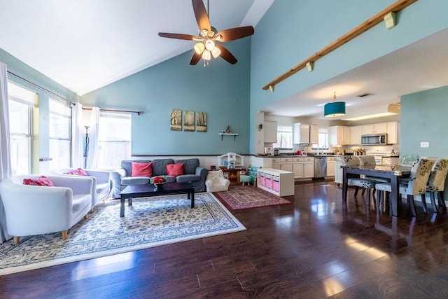 5013 Cleves St, Round Rock, TX 78681 - living room with healthy amount of natural light, a ceiling fan, high vaulted ceiling, and dark wood finished floors
