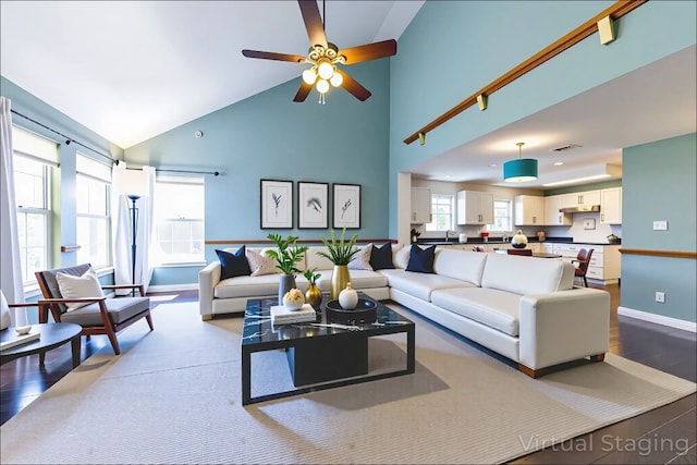 5013 Cleves St, Round Rock, TX 78681 - living area featuring wood finished floors, high vaulted ceiling, and a ceiling fan