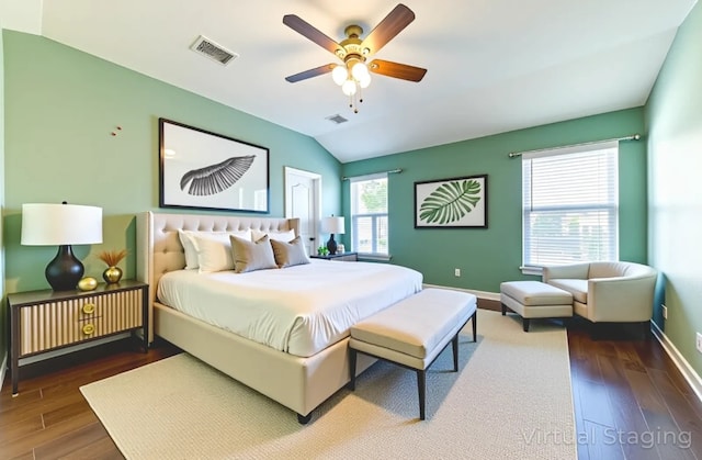 5013 Cleves St, Round Rock, TX 78681 - bedroom with wood finished floors, lofted ceiling, and a ceiling fan