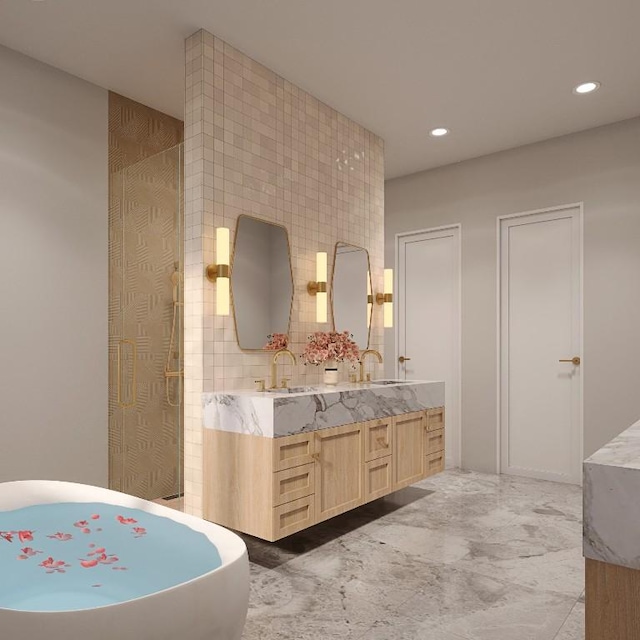 1213 Karen Ave, Austin, TX 78757 - full bath with double vanity, a soaking tub, recessed lighting, and tasteful backsplash