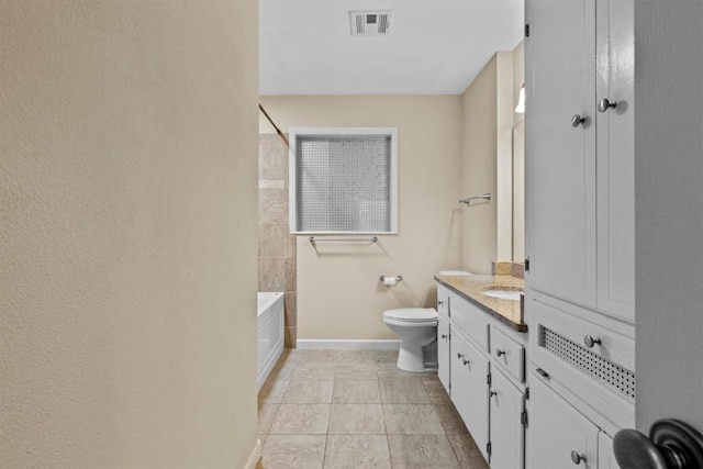 3601 Arrowhead Dr, Austin, TX 78731 - bathroom featuring vanity, baseboards, toilet,  shower combination, and tile patterned floors