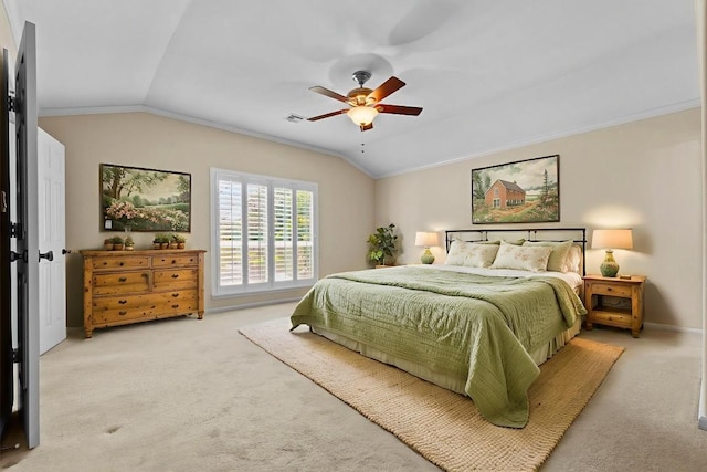 3601 Arrowhead Dr, Austin, TX 78731 - bedroom with carpet floors, lofted ceiling, ornamental molding, a ceiling fan, and baseboards