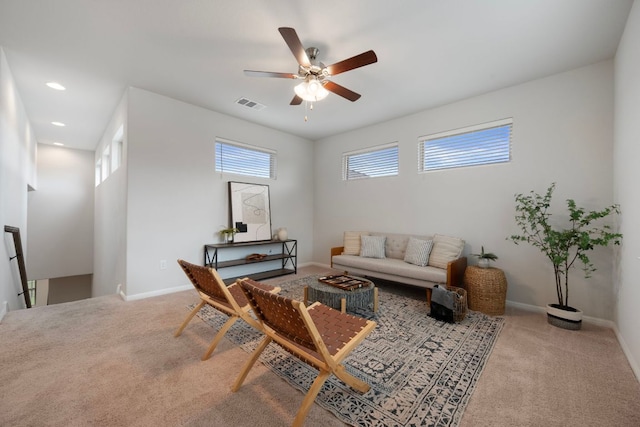 1416 Reprise Bnd, Round Rock, TX 78681 - living area featuring carpet flooring, ceiling fan, baseboards, and recessed lighting