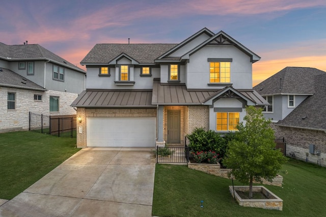 1416 Reprise Bnd, Round Rock, TX 78681 - view of front of house with brick siding, a standing seam roof, driveway, an attached garage, and a shingled roof