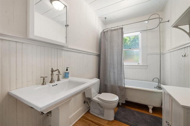 1700 S 3rd St, Austin, TX 78704 - full bath featuring wood finished floors, toilet, wainscoting, and a sink