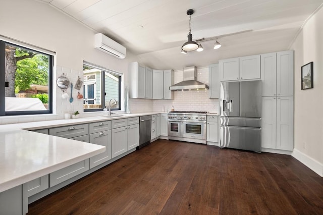 1700 S 3rd St, Austin, TX 78704 - kitchen with stainless steel appliances, wall chimney range hood, a sink, dark wood finished floors, and light countertops