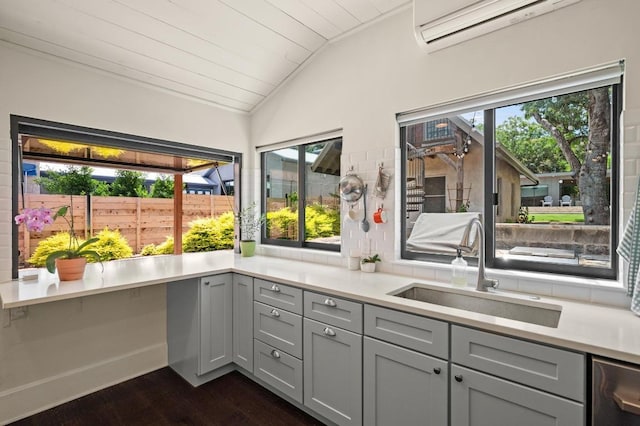 1700 S 3rd St, Austin, TX 78704 - kitchen with gray cabinetry, a sink, lofted ceiling, dark wood-style floors, and a wall unit AC