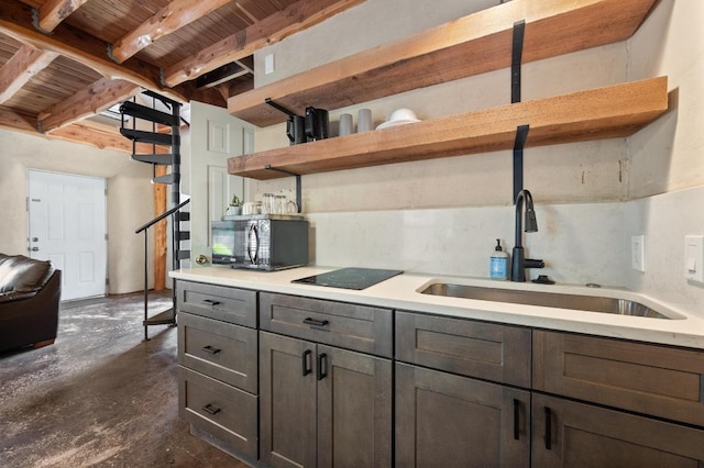 1700 S 3rd St, Austin, TX 78704 - kitchen featuring open shelves, black appliances, a sink, concrete flooring, and wooden ceiling with exposed beams