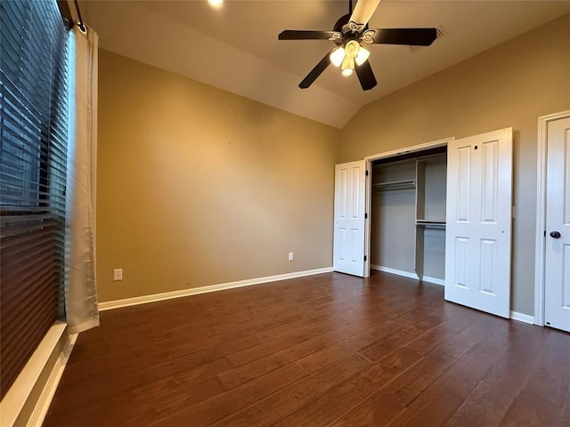 2222 Garden Gate Cir, New Braunfels, TX 78130 - unfurnished bedroom featuring dark wood finished floors, lofted ceiling, and ceiling fan