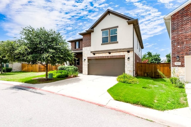 14400 Mccoy Loop, Austin, TX 78717 - view of front facade with stone siding, a garage, concrete driveway, stucco siding, and brick siding