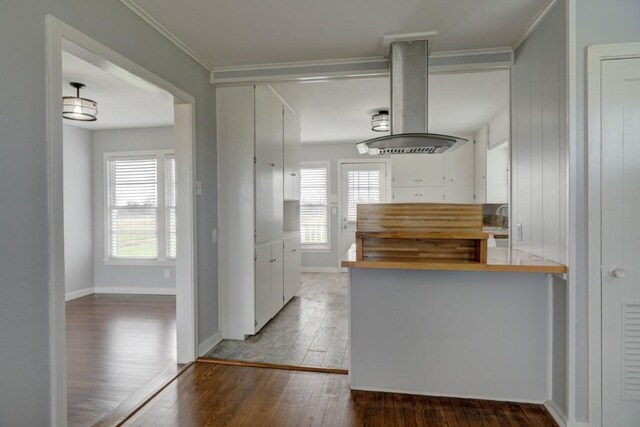 TBD-TRACT2 Rabbs Prairie Rd, La Grange, TX 78945 - kitchen with wall chimney exhaust hood, hardwood / wood-style floors, white cabinetry, crown molding, and baseboards