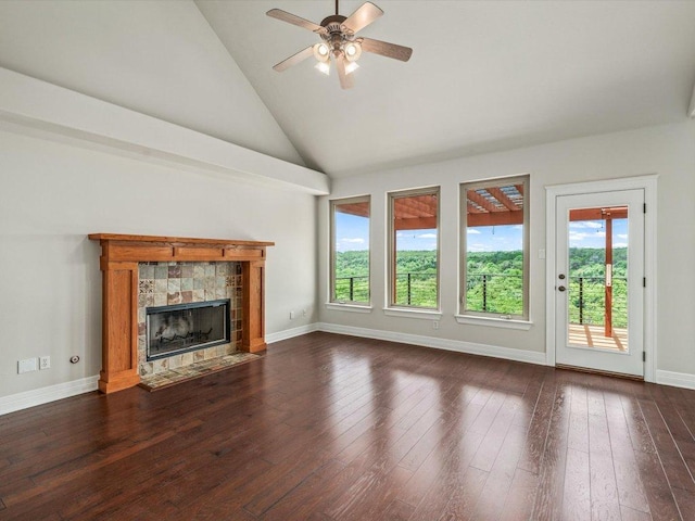 10110 Echoridge Dr, Austin, TX 78750 - unfurnished living room featuring plenty of natural light, a ceiling fan, dark wood-style flooring, and high vaulted ceiling