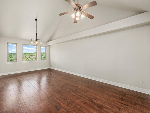 10110 Echoridge Dr, Austin, TX 78750 - unfurnished room featuring dark wood finished floors, a chandelier, high vaulted ceiling, and a ceiling fan