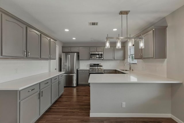 339 Precipice Way, Georgetown, TX 78626 - kitchen featuring appliances with stainless steel finishes, gray cabinets, dark wood-style floors, a peninsula, and recessed lighting