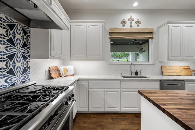 507 Konstanty Cir, West Lake Hills, TX 78746 - kitchen featuring stainless steel appliances, wood counters, a sink, range hood, and crown molding