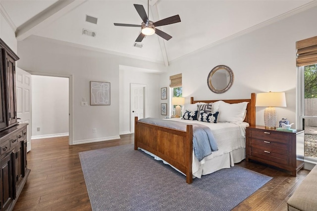 507 Konstanty Cir, West Lake Hills, TX 78746 - bedroom with dark wood finished floors, high vaulted ceiling, baseboards, ceiling fan, and beam ceiling