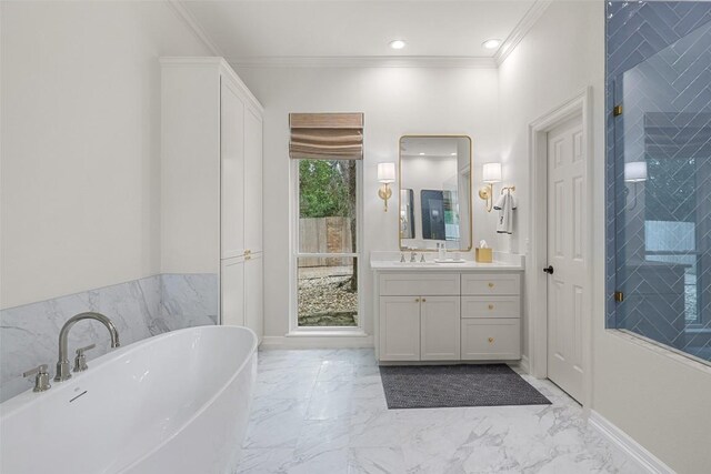 507 Konstanty Cir, West Lake Hills, TX 78746 - full bathroom with a freestanding bath, vanity, marble finish flooring, ornamental molding, and a shower