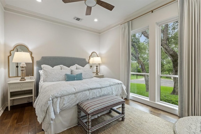 507 Konstanty Cir, West Lake Hills, TX 78746 - bedroom with ornamental molding, wood-type flooring, recessed lighting, baseboards, and a ceiling fan