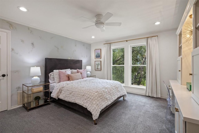 507 Konstanty Cir, West Lake Hills, TX 78746 - carpeted bedroom with recessed lighting, ceiling fan, and crown molding