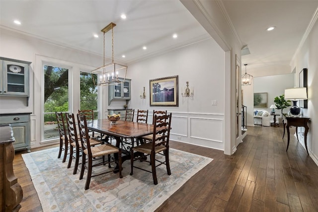 507 Konstanty Cir, West Lake Hills, TX 78746 - dining space featuring a chandelier, dark wood-style floors, recessed lighting, and crown molding