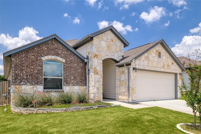 309 Callahan Ln, Leander, TX 78641 - french provincial home featuring stone siding, a front lawn, a garage, and concrete driveway