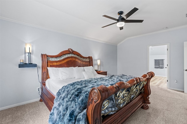 120 Spring Ct, Georgetown, TX 78633 - carpeted bedroom featuring crown molding, baseboards, lofted ceiling, and ceiling fan