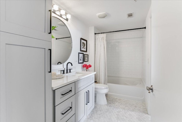 54 Rainey St Unit 617, Austin, TX 78701 - full bath featuring vanity, toilet, shower / tub combo with curtain, and tile patterned flooring