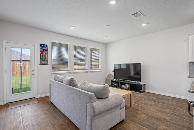 204 Connor Ln, Georgetown, TX 78626 - living area with dark wood-style floors, plenty of natural light, baseboards, a textured ceiling, and recessed lighting