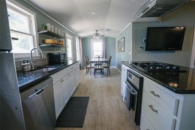 793 N Houston Ave, New Braunfels, TX 78130 - kitchen with black appliances, extractor fan, vaulted ceiling, a sink, and light wood-style floors