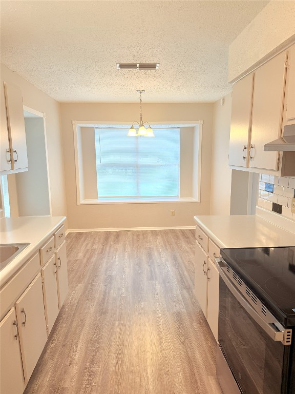 905 Rolling Green Dr, Round Rock, TX 78664 - kitchen featuring electric stove, range hood, light wood-style floors, light countertops, and a textured ceiling