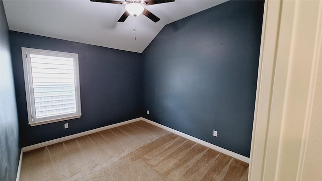 19516 Bridie Path, Pflugerville, TX 78660 - spare room with ceiling fan, carpet floors, lofted ceiling, and baseboards