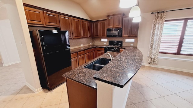 19516 Bridie Path, Pflugerville, TX 78660 - kitchen featuring black appliances, a sink, light tile patterned floors, backsplash, and vaulted ceiling