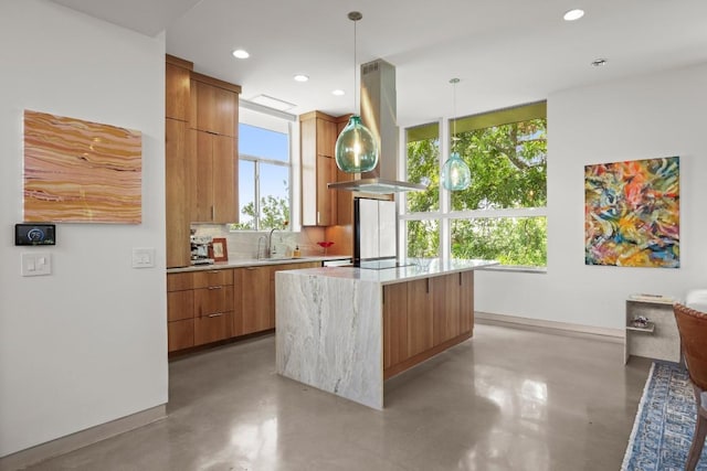 1003 E 8th St, Austin, TX 78702 - kitchen with modern cabinets, finished concrete flooring, island range hood, a center island, and backsplash