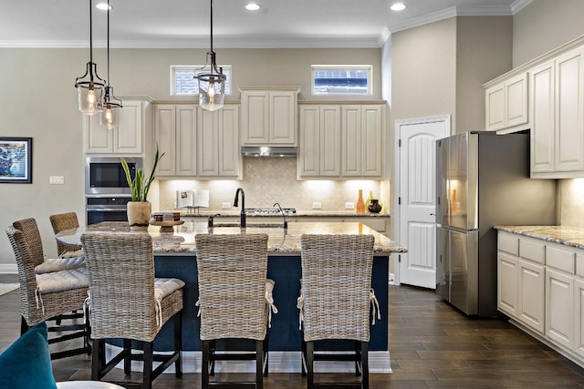20012 Moorlynch Ave, Pflugerville, TX 78660 - kitchen featuring stainless steel appliances, under cabinet range hood, light stone counters, dark wood-style floors, and decorative backsplash