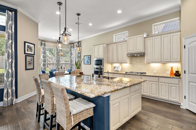 20012 Moorlynch Ave, Pflugerville, TX 78660 - kitchen with recessed lighting, stainless steel appliances, backsplash, dark wood finished floors, and ornamental molding
