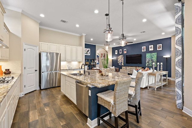 20012 Moorlynch Ave, Pflugerville, TX 78660 - kitchen featuring appliances with stainless steel finishes, crown molding, recessed lighting, open floor plan, and ceiling fan