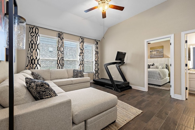 20012 Moorlynch Ave, Pflugerville, TX 78660 - living room featuring ceiling fan, lofted ceiling, and dark wood finished floors