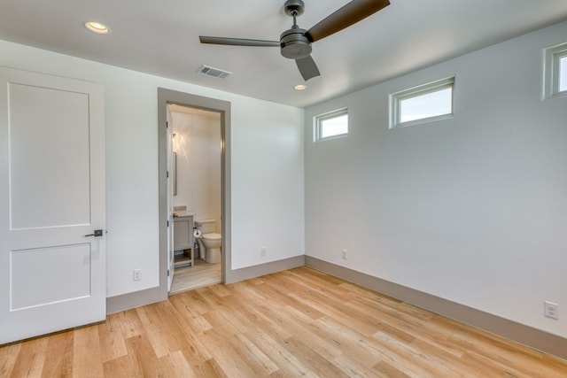 208 E Lakeshore Dr, Sunrise Beach, TX 78643 - unfurnished bedroom with light wood-style flooring, recessed lighting, ensuite bath, baseboards, and a ceiling fan