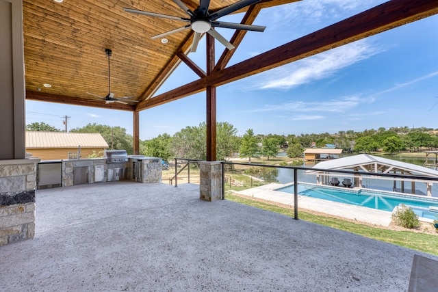 208 E Lakeshore Dr, Sunrise Beach, TX 78643 - view of patio with ceiling fan, a sink, and an outdoor pool