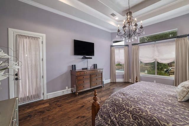 700 Zen Gardens Ter, Austin, TX 78732 - bedroom with a chandelier, wood finished floors, crown molding, and a raised ceiling