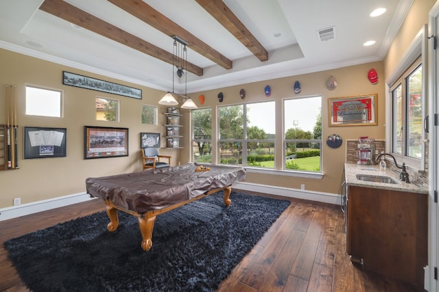 700 Zen Gardens Ter, Austin, TX 78732 - rec room with a sink, dark wood finished floors, pool table, baseboards, and ornamental molding