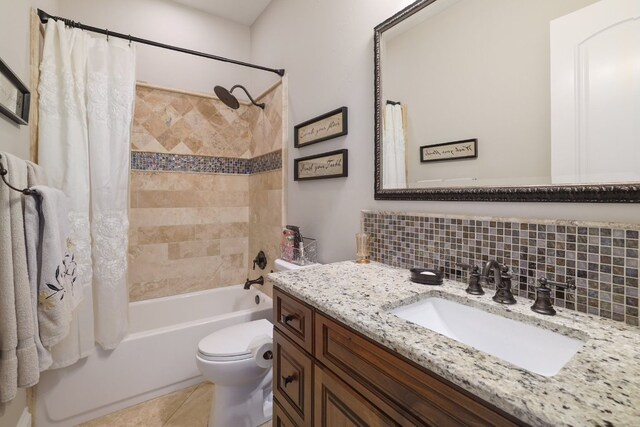 700 Zen Gardens Ter, Austin, TX 78732 - bathroom featuring vanity, shower / bath combination with curtain, decorative backsplash, and tile patterned flooring