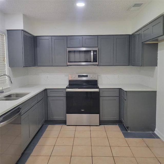 405 S Blue Ridge Parkway, Cedar Park, TX 78613 - kitchen featuring appliances with stainless steel finishes, a sink, gray cabinets, light countertops, and a textured ceiling