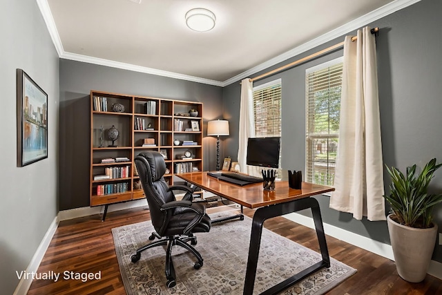 755 Hometown Pkwy, Kyle, TX 78640 - office featuring ornamental molding, baseboards, and wood finished floors