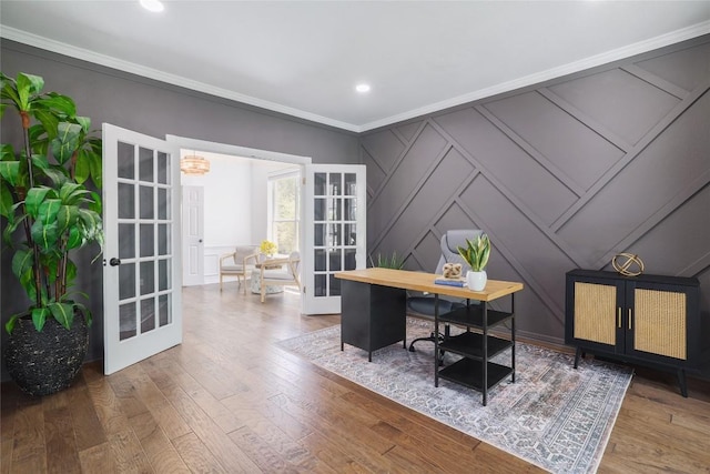 3437 Mulberry Creek Dr, Austin, TX 78732 - office area with french doors, a decorative wall, wood finished floors, crown molding, and recessed lighting