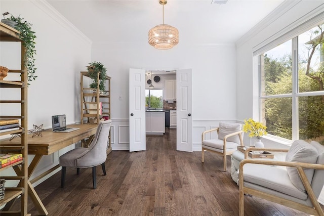 3437 Mulberry Creek Dr, Austin, TX 78732 - office featuring crown molding, dark wood-style floors, a wainscoted wall, and a chandelier