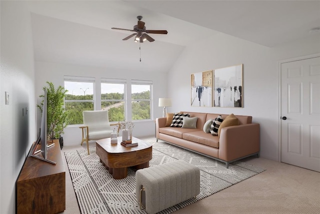 3437 Mulberry Creek Dr, Austin, TX 78732 - carpeted living area featuring vaulted ceiling and a ceiling fan