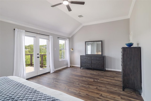 3437 Mulberry Creek Dr, Austin, TX 78732 - bedroom with access to outside, french doors, vaulted ceiling, crown molding, and wood finished floors