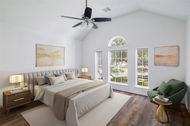 3437 Mulberry Creek Dr, Austin, TX 78732 - bedroom featuring dark wood-type flooring, a ceiling fan, and high vaulted ceiling