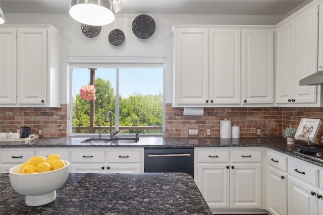 3437 Mulberry Creek Dr, Austin, TX 78732 - kitchen with a sink, dishwasher, white cabinets, and backsplash